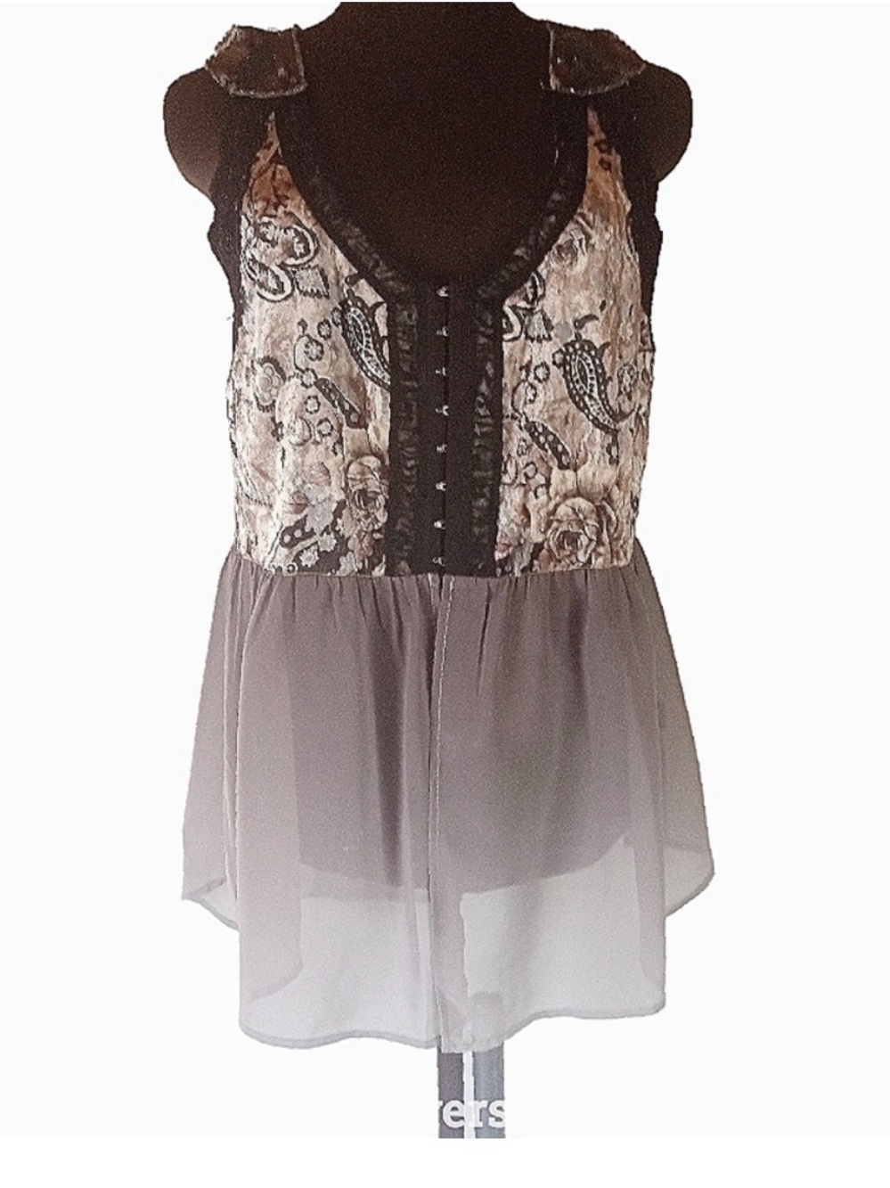 BKE Black and Gray Floral Lace Sheer Peplum Camisole